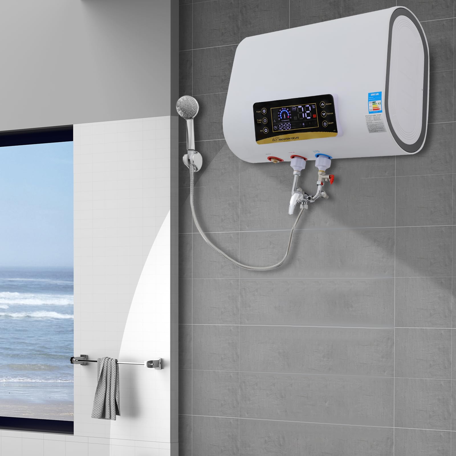 Serbatoio acqua calda da 80 l, 2000 W, 30 – 75 °C, scaldabagno elettrico, da appendere a parete con doccetta e protezione dalle perdite, scaldabagno istantaneo, 73,5 x 27 x 43,5 cm
