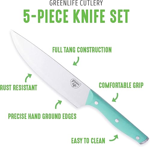 Miniatura 3 de GreenLife Juego de 5 cuchillos de acero inoxidable de alto carbono con fundas, incluye utilidad dentada Chef Santoku y emparejamiento, asas de