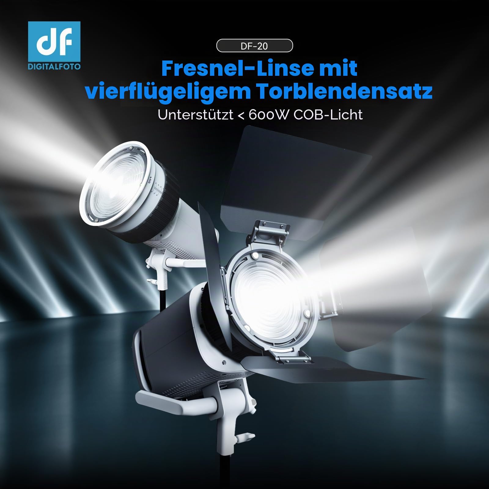 10X Bowens Mount Fresnel Linse mit abnehmbaren Barn Doors, 10–45° Einstellbarer Spotlicht-Modifier für COB-Videoleuchten ≤600W, Kino-Lichtsteuerung