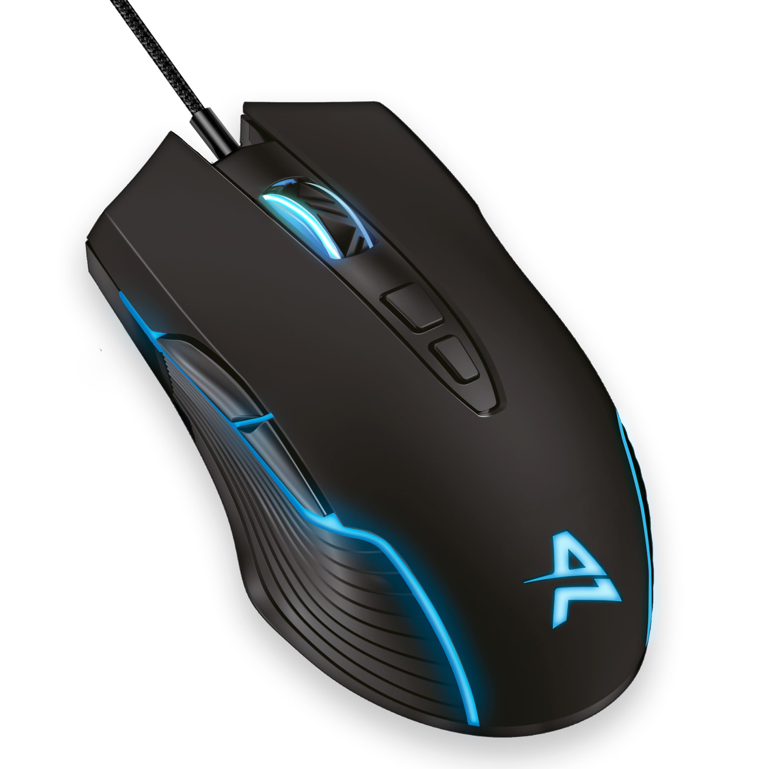 Aimzone - Ratón para juegos con cable LED, ratones con cable, DPI ajustable hasta 6400, ergonómico, 7 botones programables, totalmente compatible, ratón negro para jugadores con luz