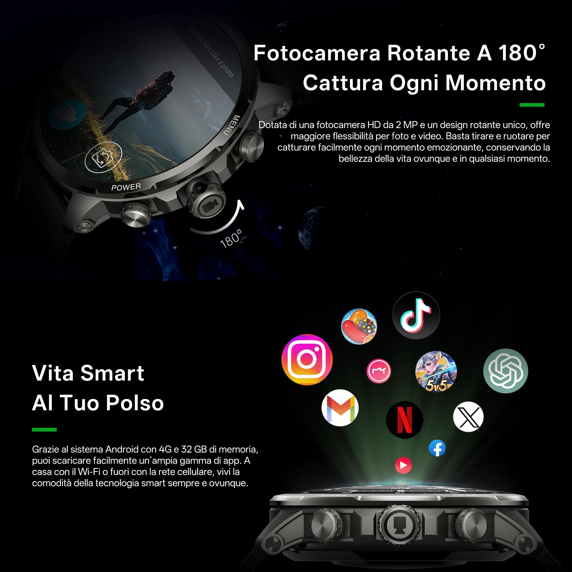 Black Shark Watch X Pro Smartwatch, Orologio Telefono Android 4G con Schermo AMOLED da 1,75", Fotocamera Rotante, 4GB+32GB, GPS, Autonomia 75H, Monitoraggio Attività e Salute, Nero