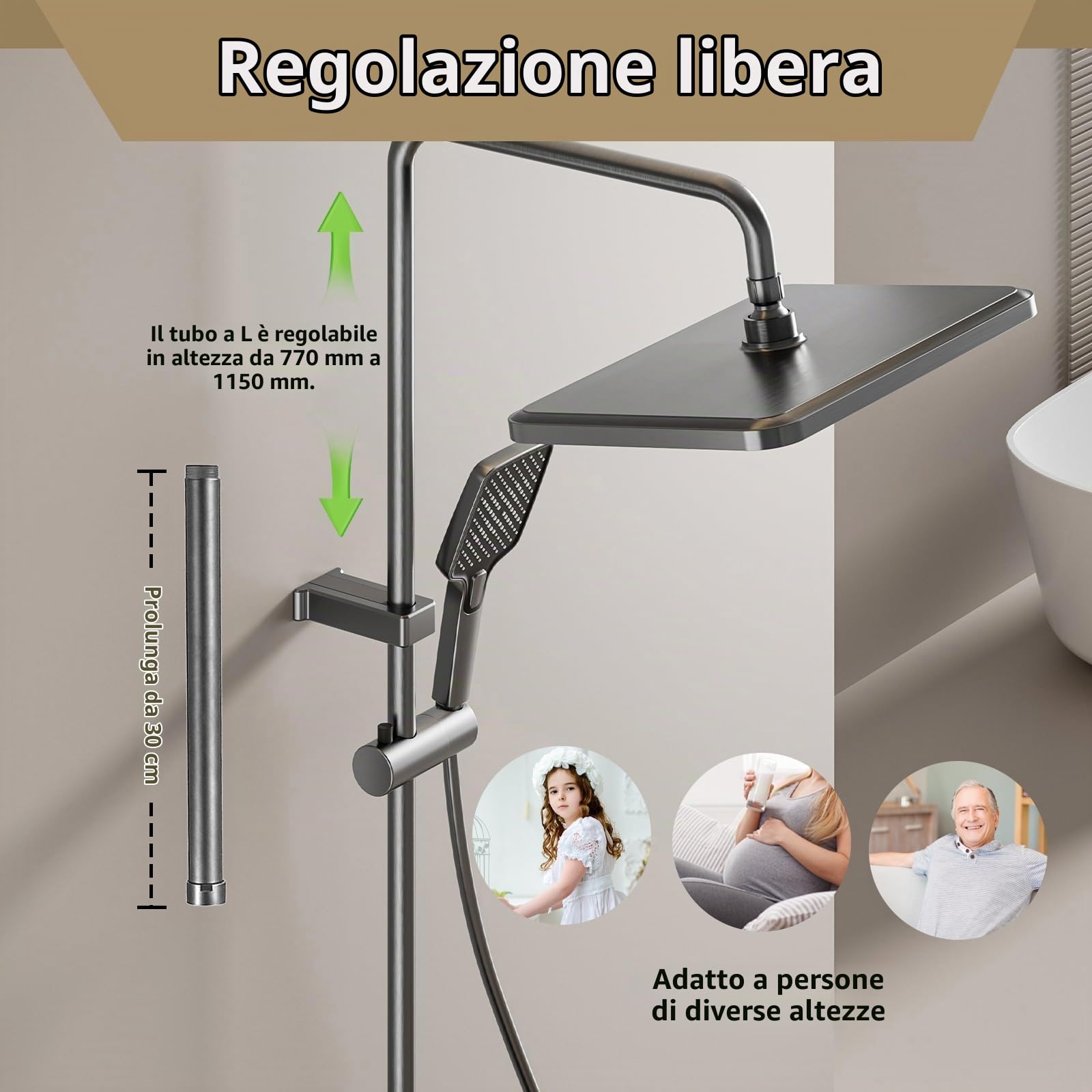 Colonna Doccia a LED con Display Digitale e Orario, Colonna Doccia con Miscelatore con 4 Tasti di Pianoforte, Altezza Regolabile da 77 a 115 cm, Doccetta a Pulsanti e Luci Multicolori