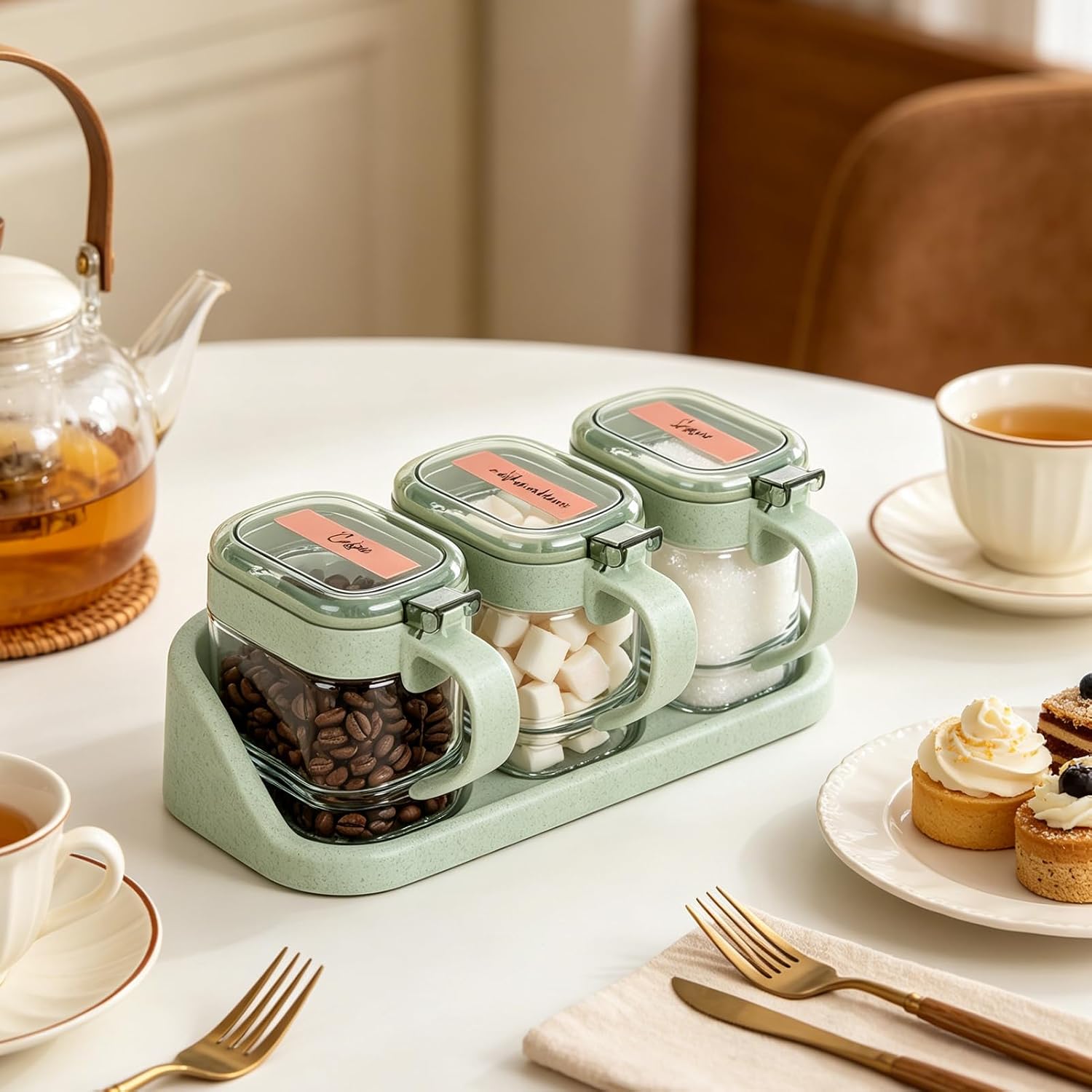 3 Pcs Green Sugar Coffee Container Set Glass Sugar Candy Jar Transparent Storage Container with Label Stickers Glass Coffee Station Organizer with Base for Bean