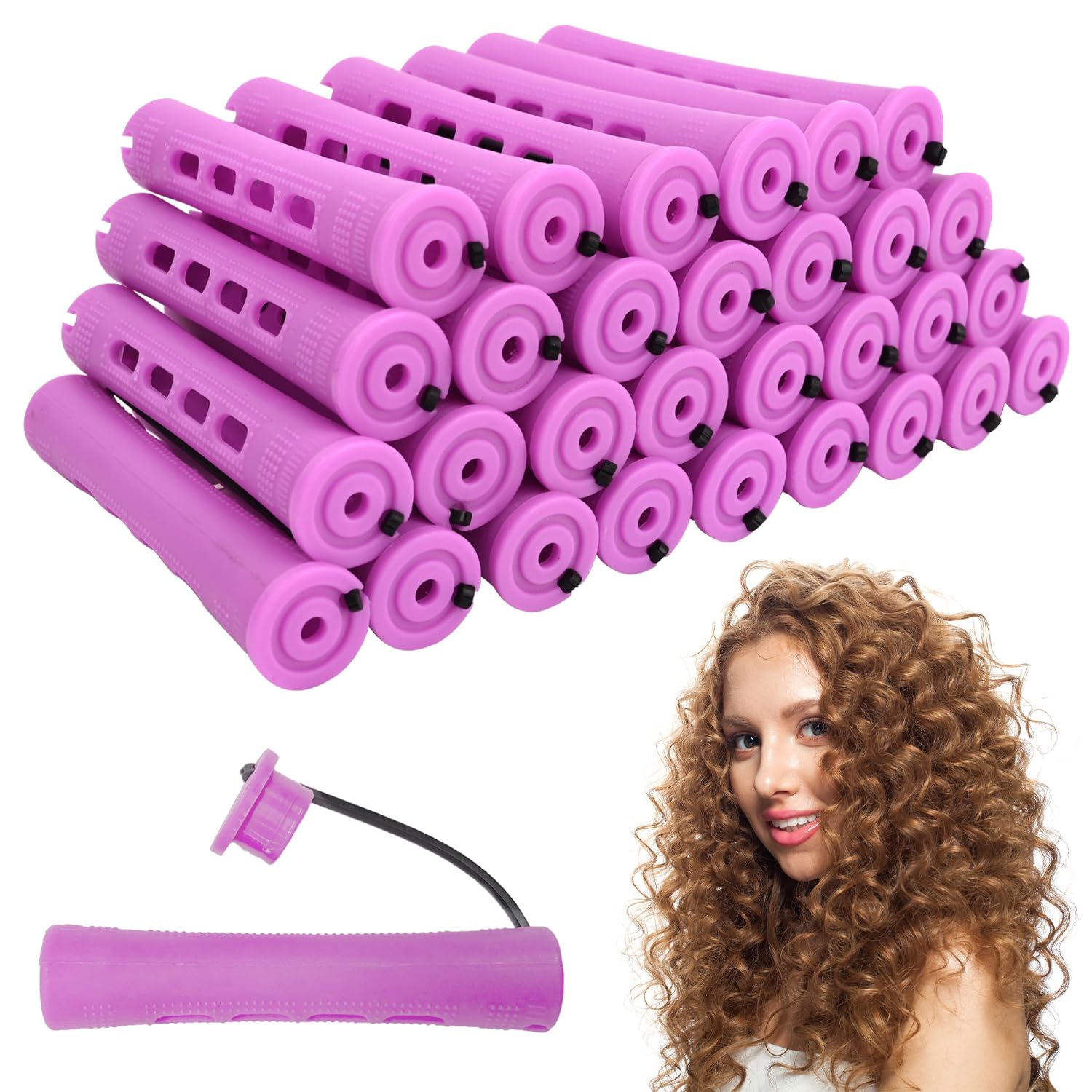 30 Stück Dauerwellenwickler Set – 19 Mm Durchmesser, Lila, Mit Gummiband, Für Locken Ohne Hitze