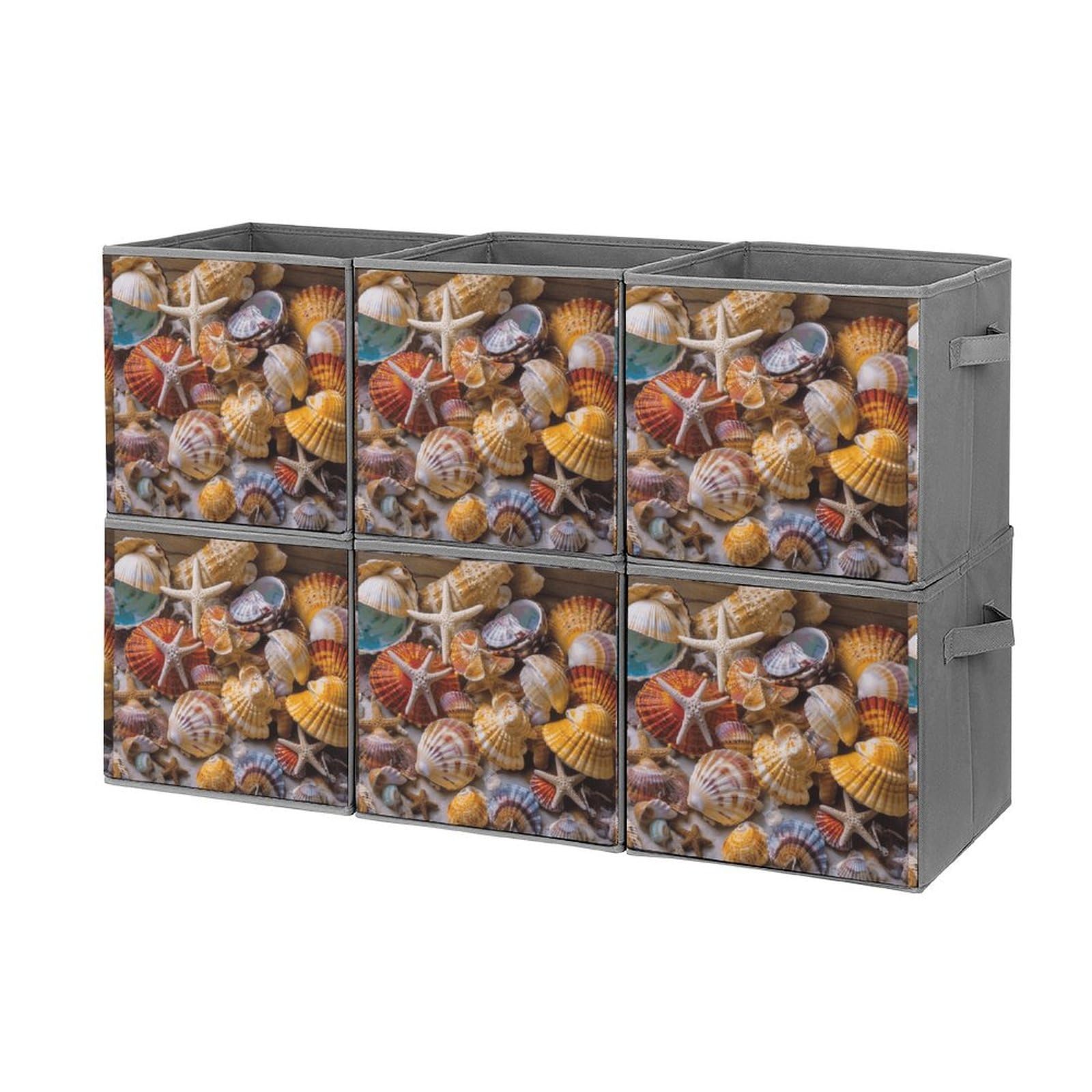 Boîte de rangement empilable lot de 6 bacs pliables imprimés coquillages pour optimiser l'espace