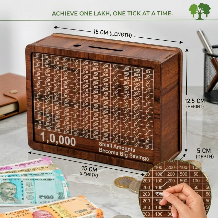 Image of 1 Lakh Savings Challenge Box, Wooden Money Saving Tracker with Goal Chart, Brown Square Gullak Piggy Bank for Kids and Adults