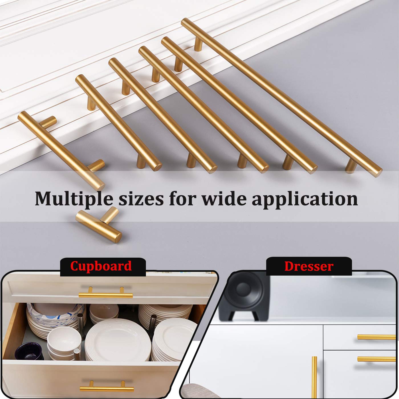 Gobrico 3-3/4" Hole Centers Brass Cabinet Handles Gold Kitchen Dresser Drawer Pulls Round T-bar Stainless Steel Furniture Hardware Knobs,30 Pack