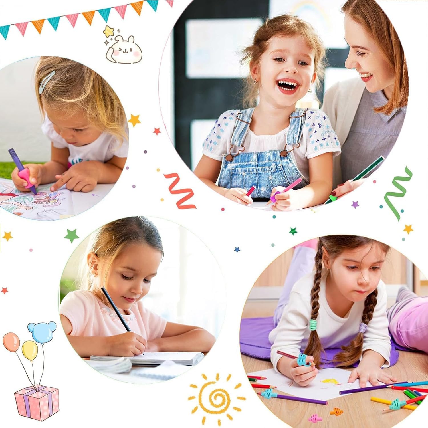 Aide à l'écriture pour stylos enfants, porte-stylos silicone ergonomiques pour gauchers ou droitiers, lot de 12 pièces