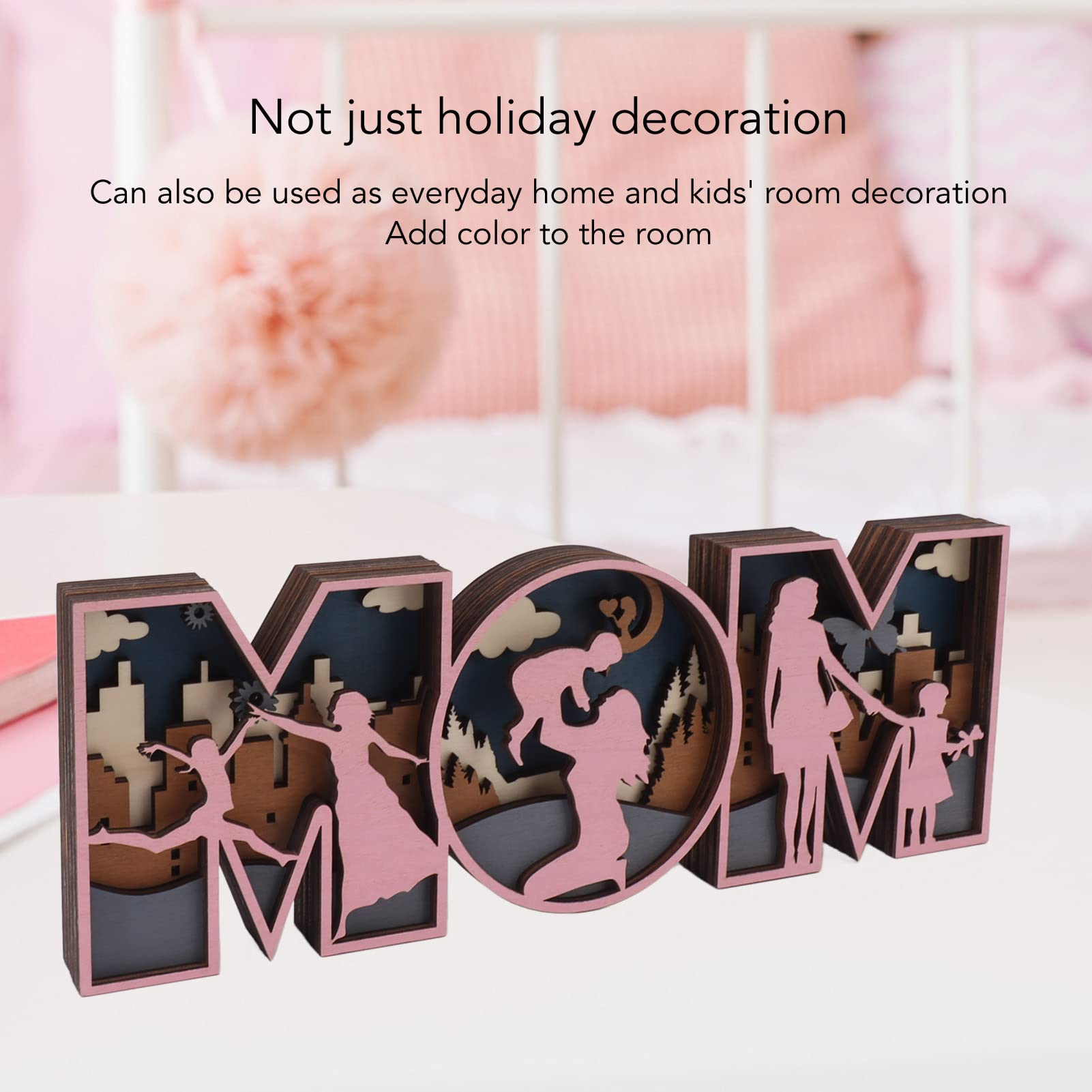 FLEXMAN Wooden MOM Letter Ornaments, Cute Shape Mom Letters Sign Decoration, Character Silhouettes Pattern Decor for Mothers Day, Holiday Decoration (Large)