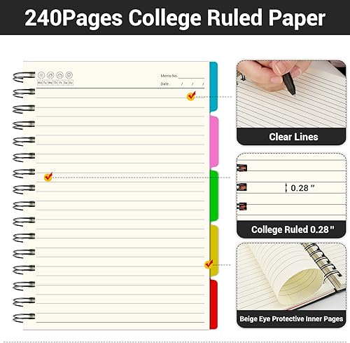 Miniatura 10 de EUSOAR Cuaderno de 5 materias de tapa dura, 3 piezas A5 de 5.5 x 8.3 pulgadas, bloc de escritura en espiral con rayas universitarias, grueso de 100