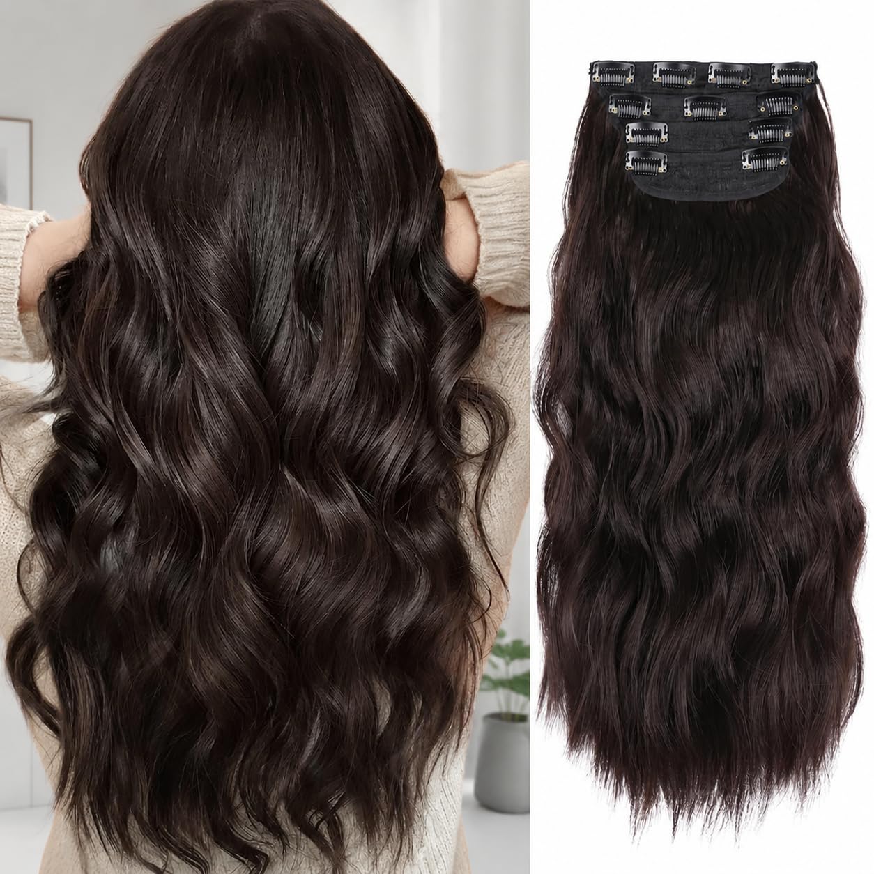 Extension à Clip Cheveux Naturel Bouclés, Extension de Cheveux à Clips, Extension de Cheveux Synthétiques Bouclés, Extension Cheveux Naturels à Clips (Brun Foncé, 11 Clips)