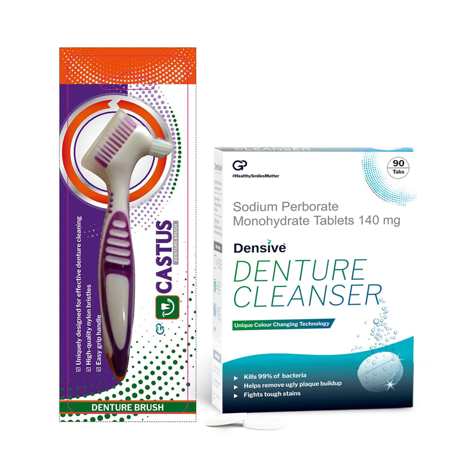 Densive Antimicrobial Denture Cleanser Tablets (30 count Pack of 3) with Color-Changing Technology for Effective Cleaning and CASTUS Manual Denture Brush (pack of 1) (combo pack)