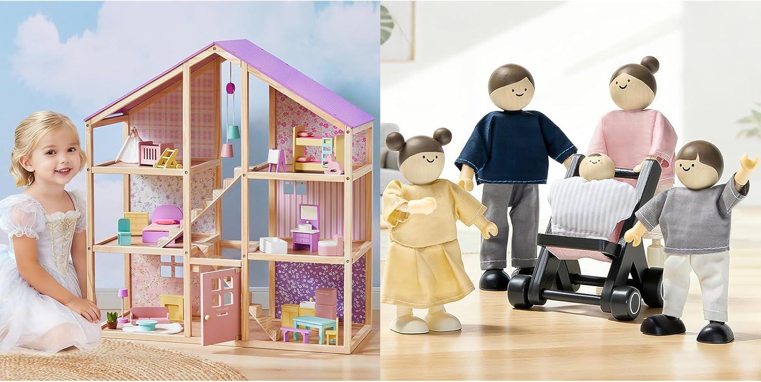 Tiny Land Wooden Dollhouse, Wooden Dollhouse People Set