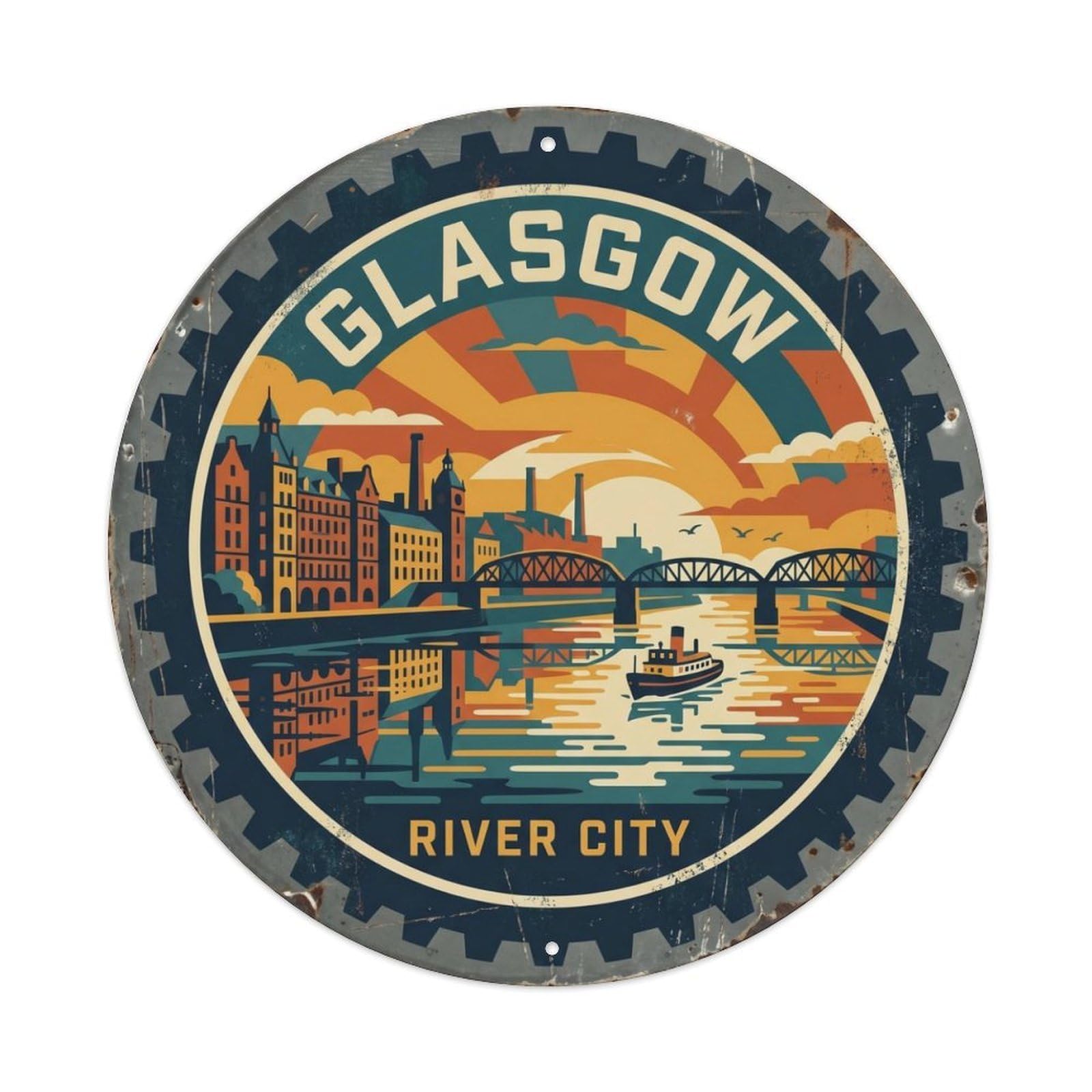 Vintage Travel Glasgow Riverside Scotland Metal Tin Sign Plaque Wall Decor for Cafe, Club Bar, Office, Home Garden Round Metal Poster 8x8Inch