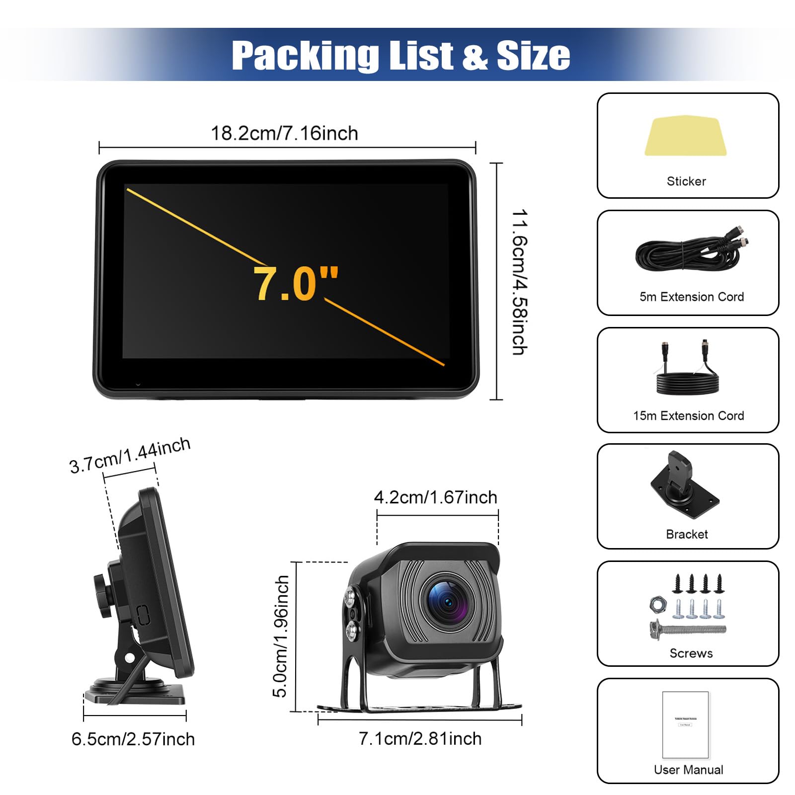 Telecamera Posteriore Set di 2 Telecamere Cablate, Monitor IPS HD da 7 Pollici 4K DVR con Android Cast, Impermeabile IP68, Registrazione, Monitoraggio del Parcheggio, Linee di parcheggio