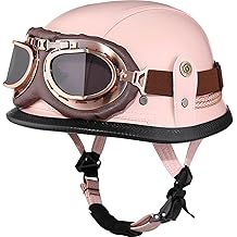 Motorcycle Half Helmet Retro German Handmade Leather Half Face Quick Release Buckle &amp; Goggles - DOT Approved (Pink, XXL)