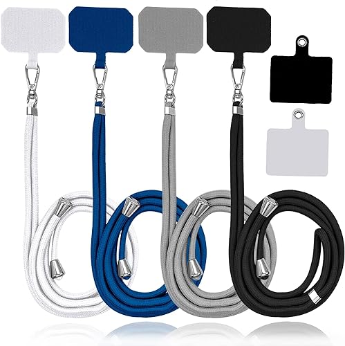 Paquete de 4 cordones universales de nailon para teléfono celular + 6 piezas de etiquetas adhesivas de repuesto, correa ajustable desmontable de
