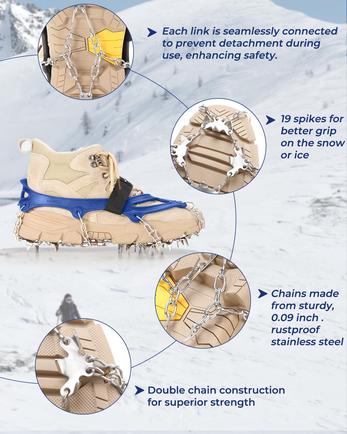 Sportneer Ramponi da Ghiaccio a trazione, 19 Denti 201 Inox Copertura Antiscivolo per Scarpe da Neve, ramponi per scarponi, Protezione sicura per Camminare, Jogging, Pesca, Camp