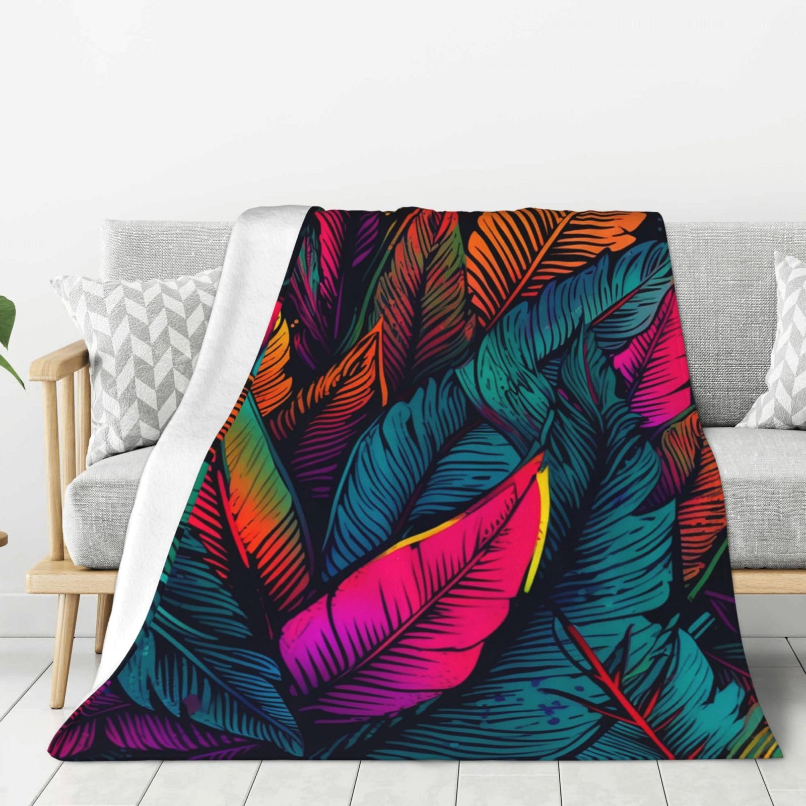 Couverture en flanelle colorée : plaid lit et sofa motif feuilles 152x127 cm