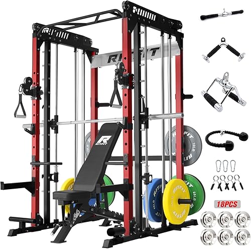 Miniatura 11 de RitFit M1 Pro Smith Machine Package, All-in-One Power Cage with Weight Stack Set, Includes LAT Pulldown & Cable Crossover System for Home Gyme Rojo