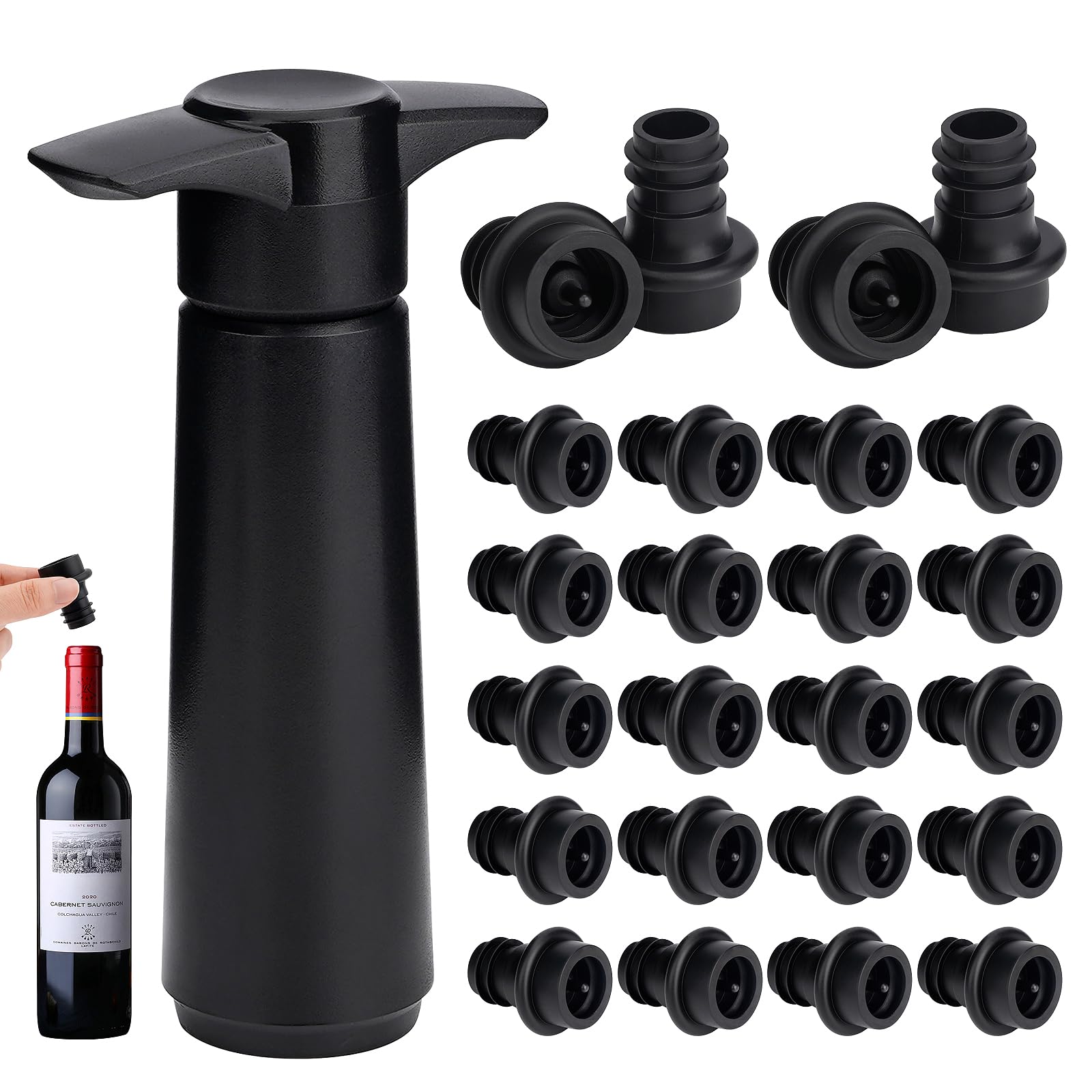 Bomba de vacío Wine Saver con 24 tapones reutilizables para mantener tu vino fresco