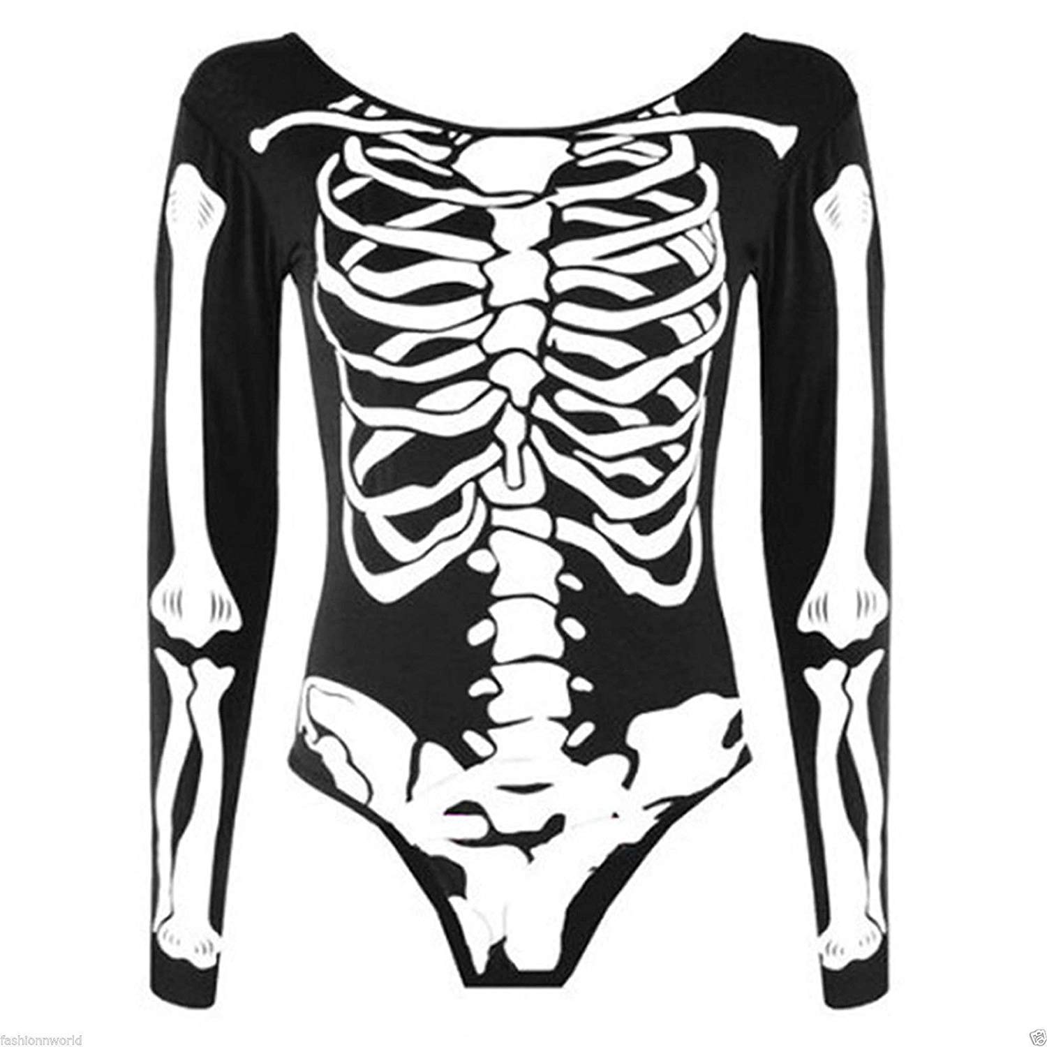 GirlzWalk ® Women Ladies Skeleton Print Halloween Bones Spooky Bodycon Tunic Bodysuit (Black Skeleton, ML/UK 12-14)