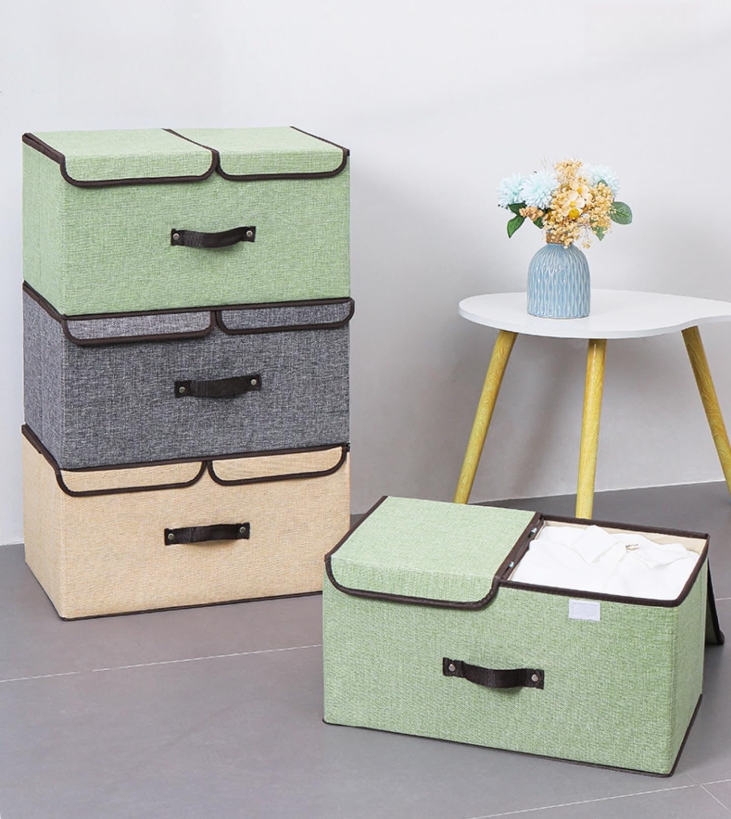 6 Grün Große Stoff Faltbare Aufbewahrungsboxen mit Deckel und Fächern,Faltbare Stoffbox mit Griffenl,Kleiderschrank Organizer,Aufbewahrungsbox für Spielzeug (36 cm/3 stück+50 cm/3 stück)