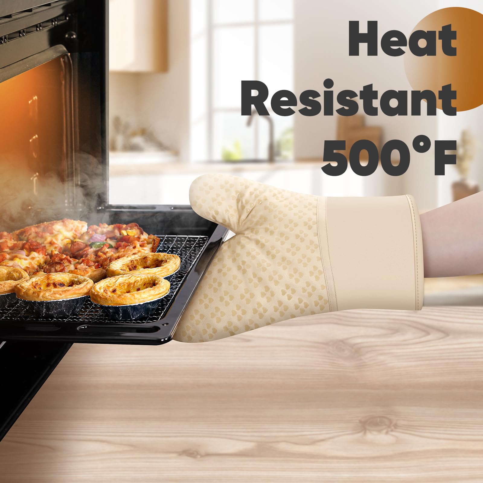 Juego de 4 manoplas de horno y soportes para ollas, resistentes al calor, guantes de horno de 500 grados y soporte para ollas, guantes de horno extralargos y agarraderas con superficie de silicona