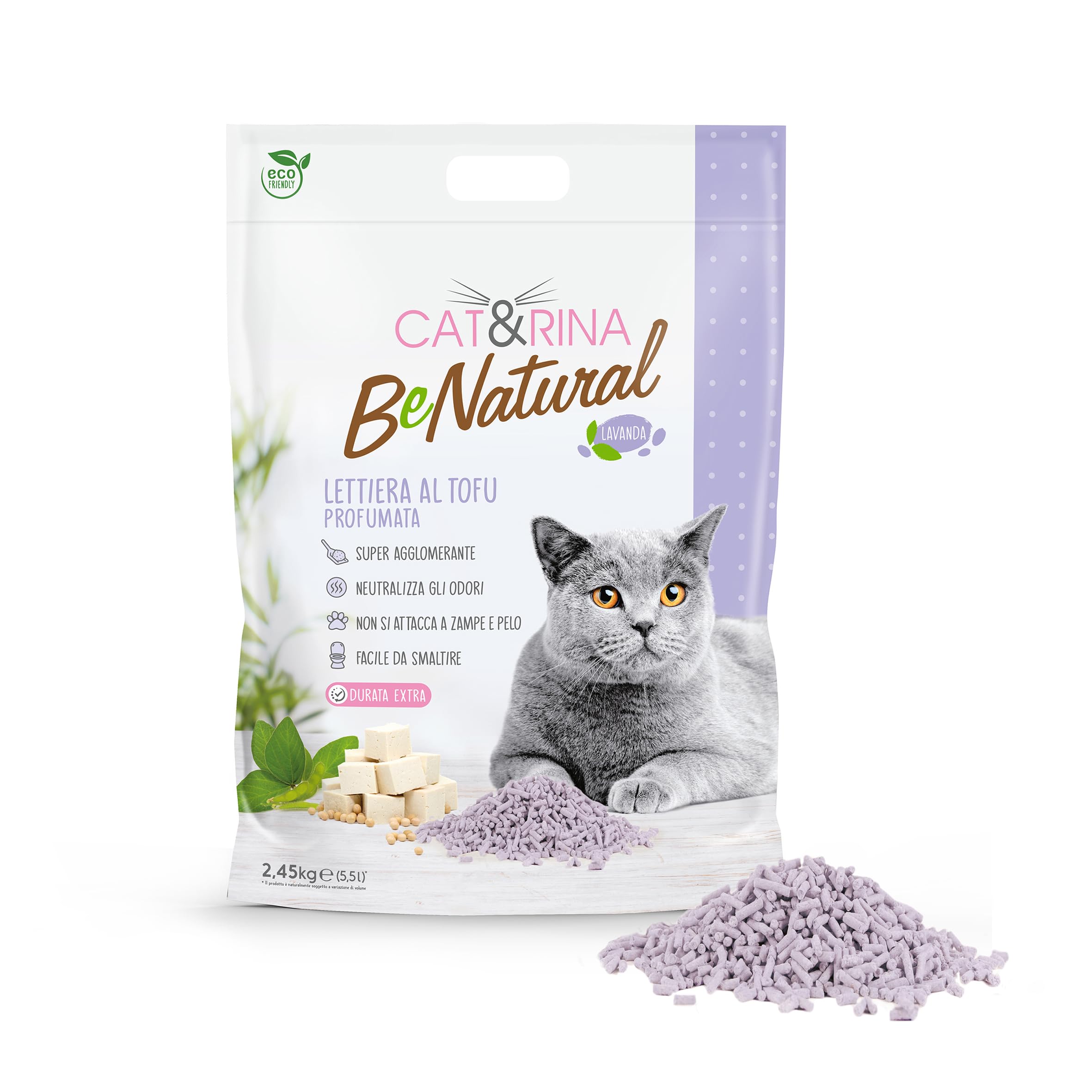 Cat&Rina lettiera vegetale per gatti al tofu da 5,5l. Si smaltisce nell'organico o nel wc. Sabbia anti odore, Profumazione Lavanda, 12 pezzi