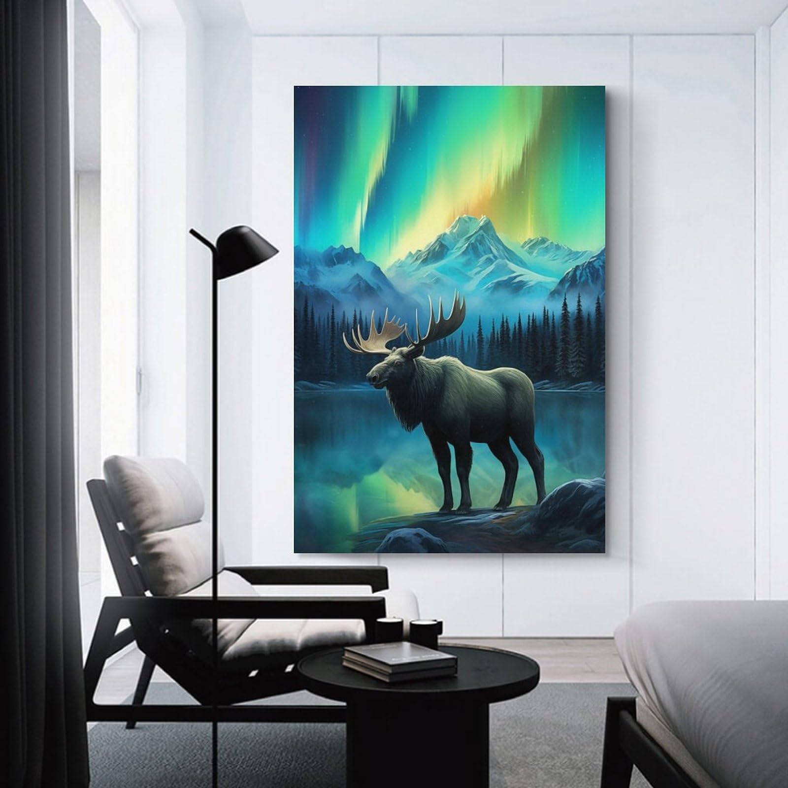Junmoney Aurora Stag Deer Northern Canvas Art Print 24x36inch(60x90cm), for Calm Bedrooms, Home Corners Or Flats, An Easy Wall Refresh for Bedrooms