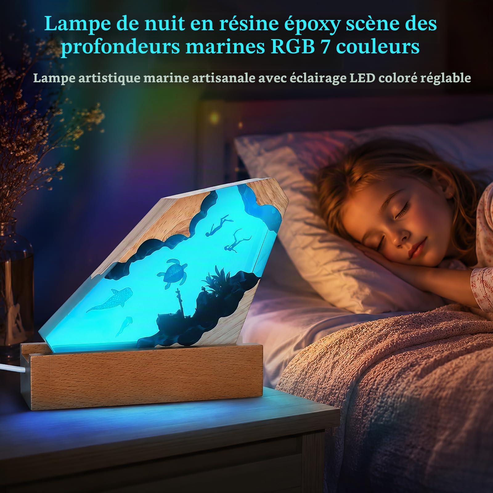 Lampe Océan Résine Époxy 3D, Veilleuse RGB 7 Couleurs Dimmable Socle Bois