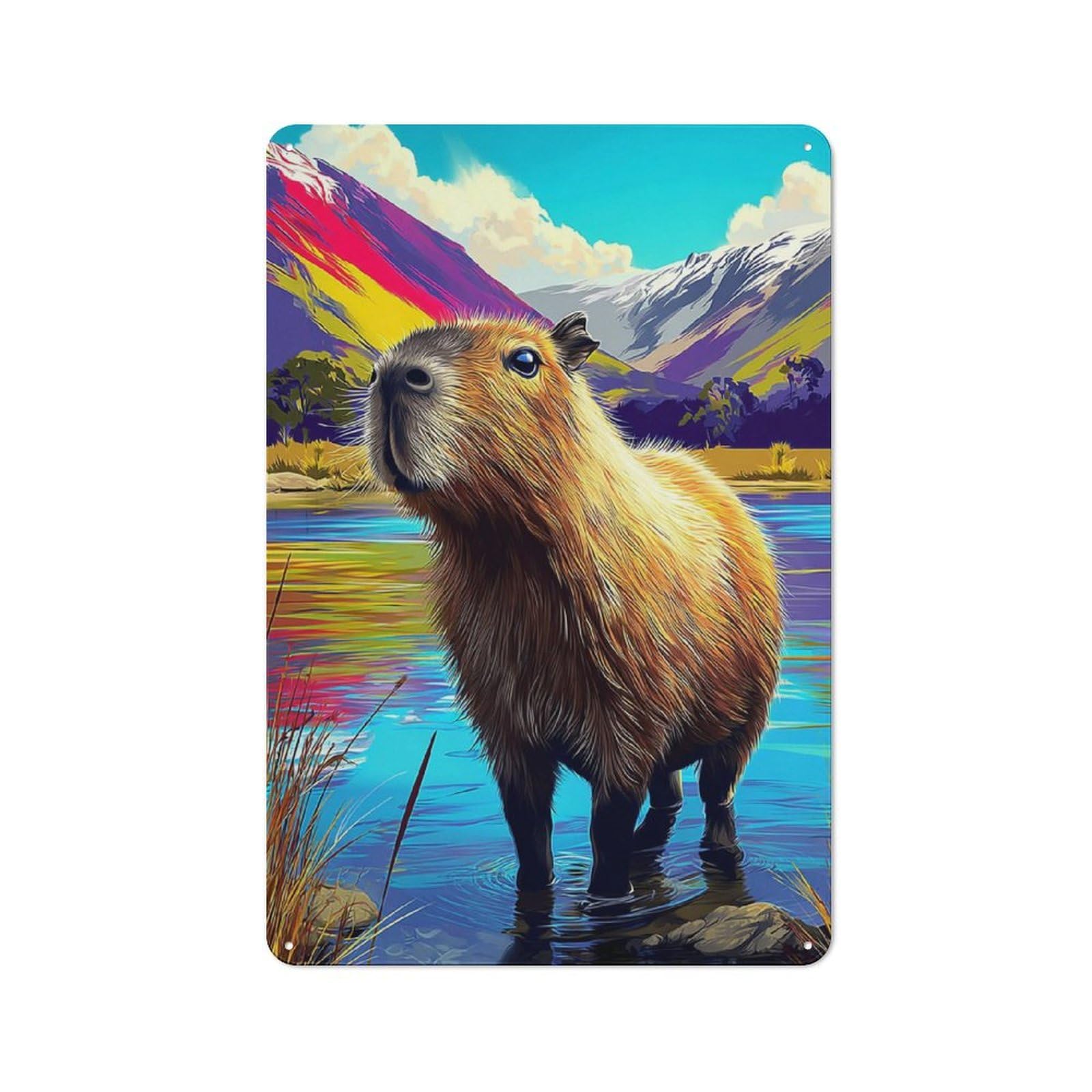 Junmoney Capybara In Colorful Landscape-3 Metal Wall Sign With Design 30X20cm, Loft Style Studio Wall Art For Flat, Bar, Studio Or Gallery Wall