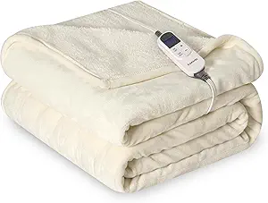 Heat Blanket 72”x84” Full Size,Soft Flannel & Sherpa Reversible Electric Blanket with 10 Heat Settings,12 Timer Setting and 8 Hours Auto-Shut Off,ETL Certified Machine Washable,Ivory