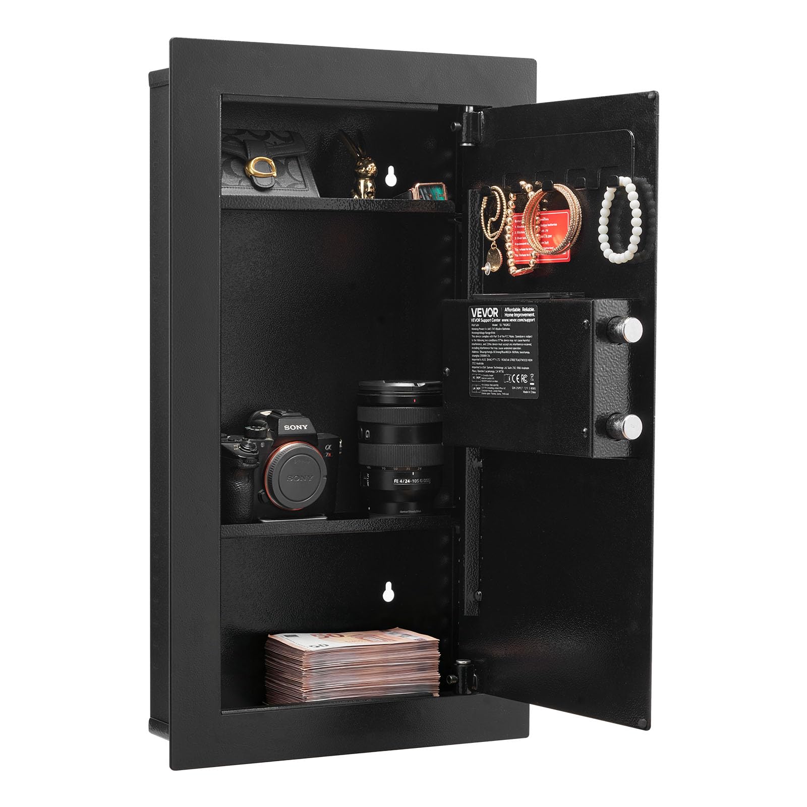 VEVOR Caja Fuerte Mural con Contraseña y Llave, Carcasa Empotrada de Acero Laminado en Frío Q235 con Estantes Ajustables e Iluminación LED, para Dinero, Joyas y Pasaporte, 102 x 370 x 630 mm, Negro