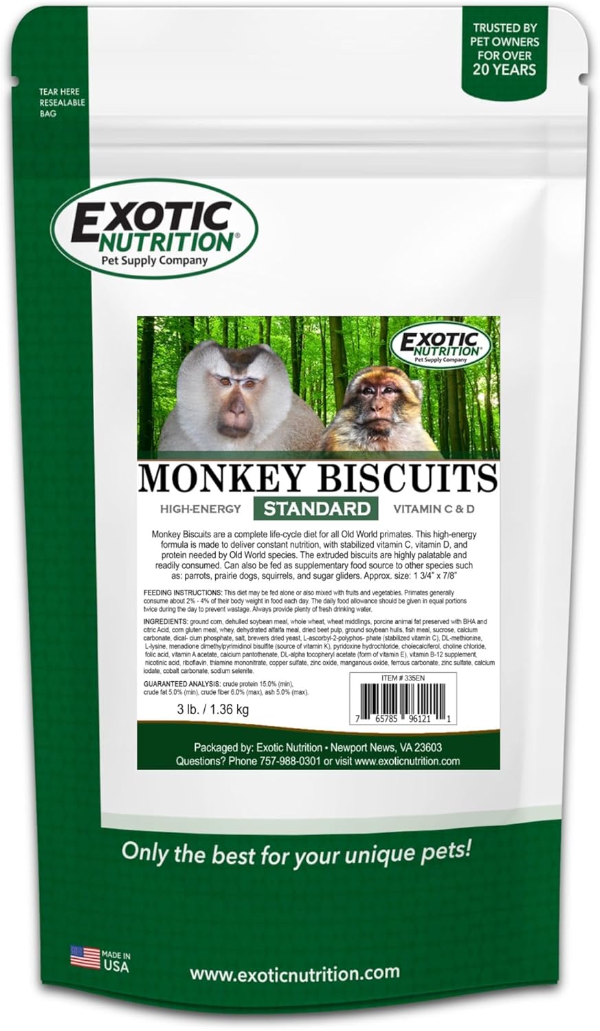 Monkey Biscuits (Standard, 3 lb.) - Healthy & Crunchy Biscuit Treat for Prairie Dogs, Parrots, Squirrels, Sugar Gliders, Hamsters, Rats, Rodents, Amazons, Macaws, Cockatoos, Birds & Other Small Pets