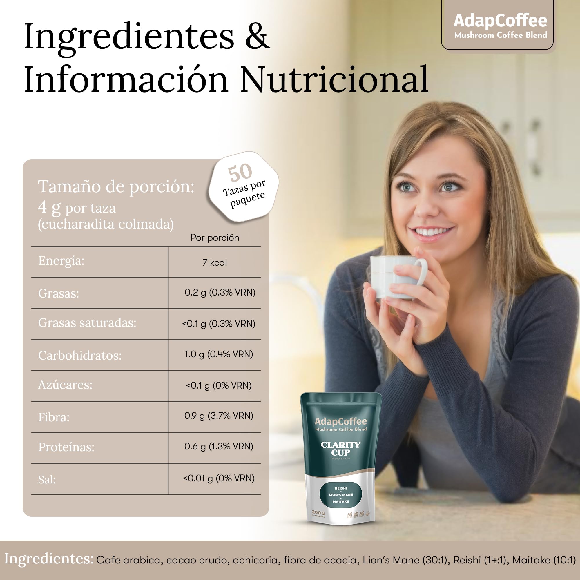 Clarity Cup – Café Instantáneo con Hongos Adaptógenos – Lion’s Mane, Reishi, Maitake – Enfoque y Vitalidad – Sabor Gourmet con Cacao Puro – 200 g – 50 Tazas