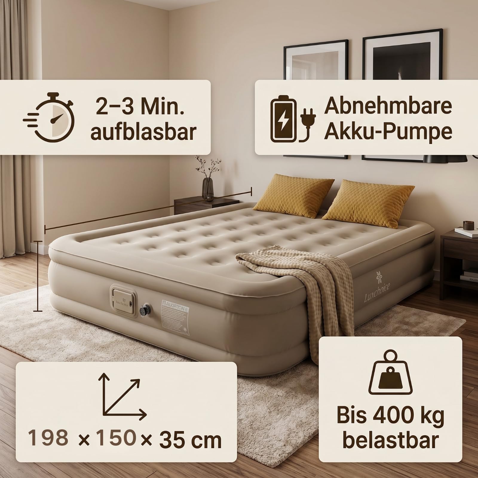 Luxchoice Luftbett 2 Personen Selbstaufblasend mit Akku Pumpe 400KG Max | Selbstaufblasende Luftmatratze in 2-3 Mins, Aufblasbare Matratze,Ultoutdoor-Nylon, Kratzfest, Gästebett für Camping & Zuhause