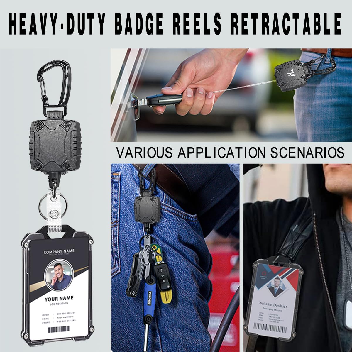 Badge Holder Retractable Clip Heavy Duty Carabiner Badge Reel Keychain with Lanyard ID Cards Holder Cool Tactical ID Holder thumbnail