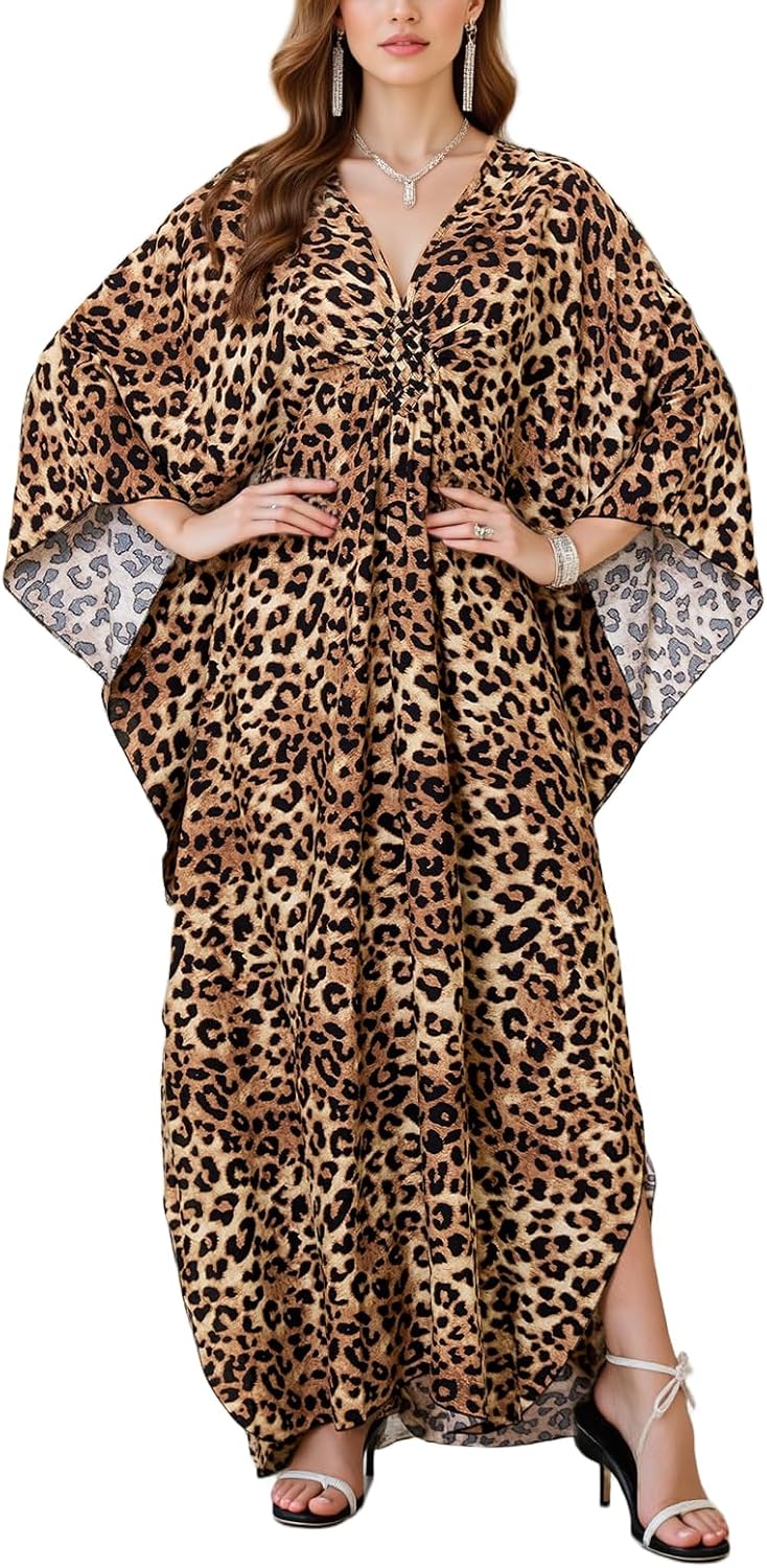 IMAGEKOPE Women's Plus Size Animal Print V-Neck Batwing Kaftan Beach Dress Bathing Suit Cover-Up Loungewear