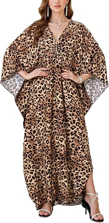 IMAGEKOPE Womens Plus Size Animal Print V-Neck Batwing Kaftan Beach Dress Bathing Suit Cover-Up Loungewear