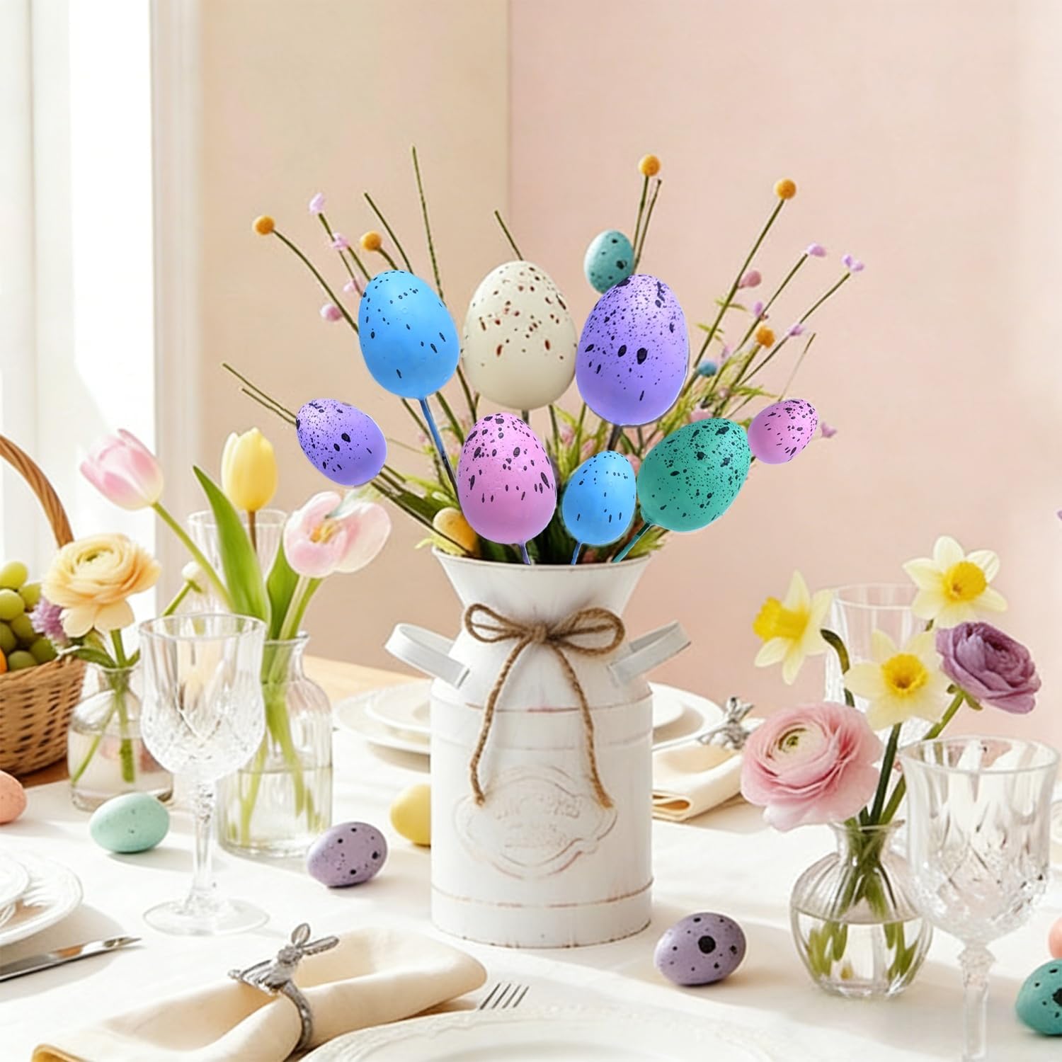 45Pcs Easter Egg Picks, Decorative Mini Foam Eggs, Pastel Egg Stems for Spring Basket Bouquets, Floral Arrangement Centerpiece Wreath, Cake Topper Sticks (45)