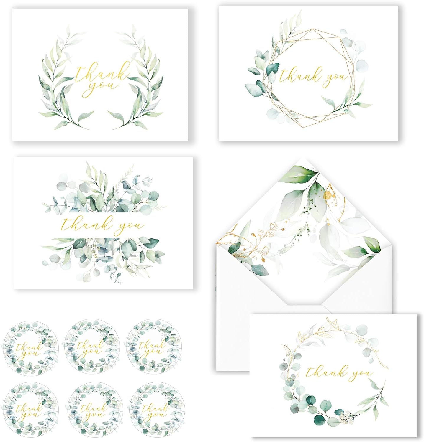 AMNADOF 100 Eucalyptus Gold Foil Thank You Cards Bulk - Blank Note Cards with Greenery Envelopes – Include Stickers, Perfect for Wedding,Baby Shower, Bridal Shower and All Occasions