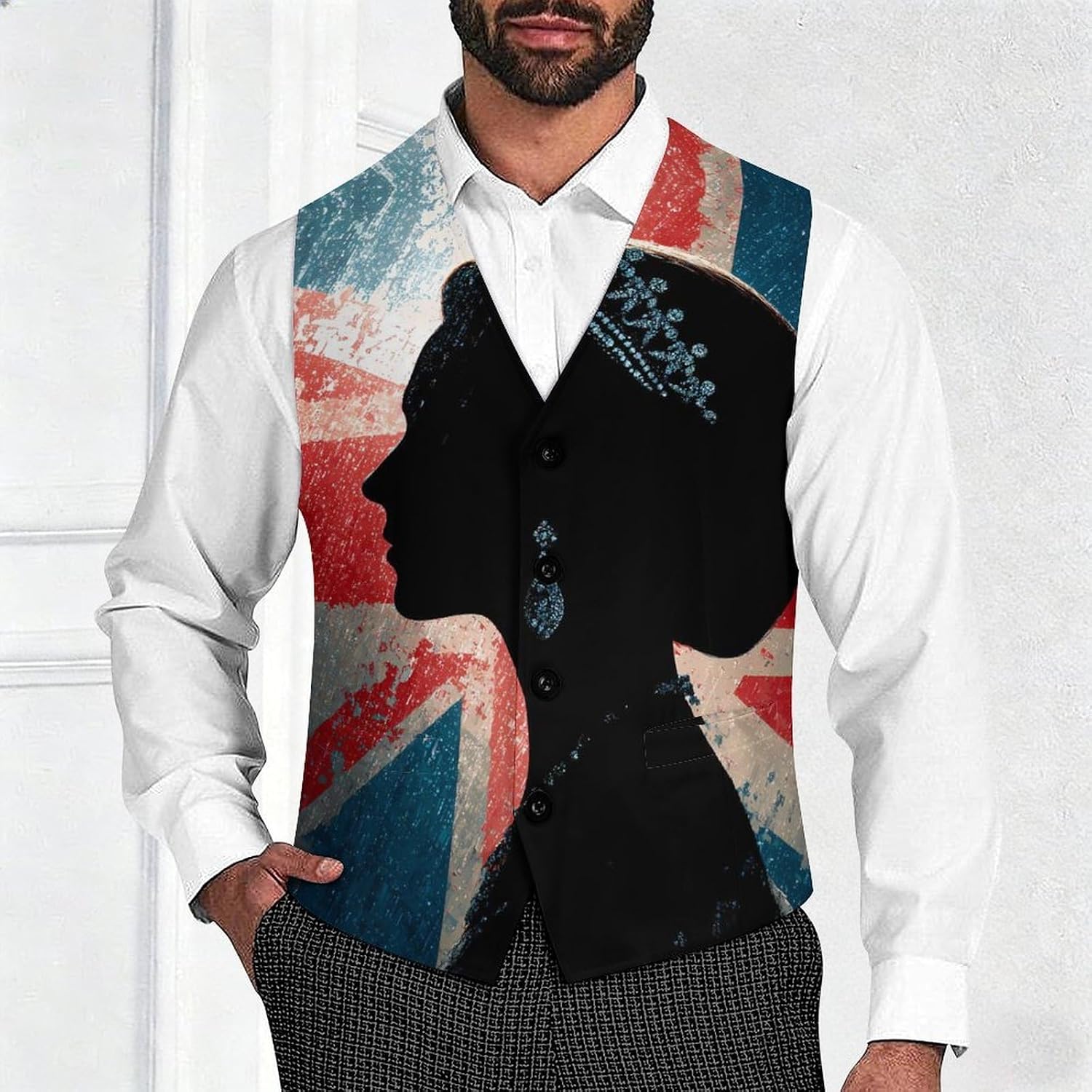 Vintage Queen Flag of The United Kingdom Men's Suit Vest Formal Vests Casual Dress Fit Waistcoat Casual Tuxedo for Business