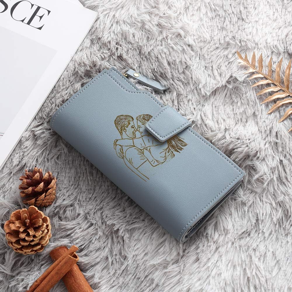 Lovejewelry Personalized Wallets for Women Photo Engraved PU Leather Trifold Wallet Credit Card Clutch Long Wallet for Girlfriend Mom Mother’s Day (Blue -2) (Wa-100359)