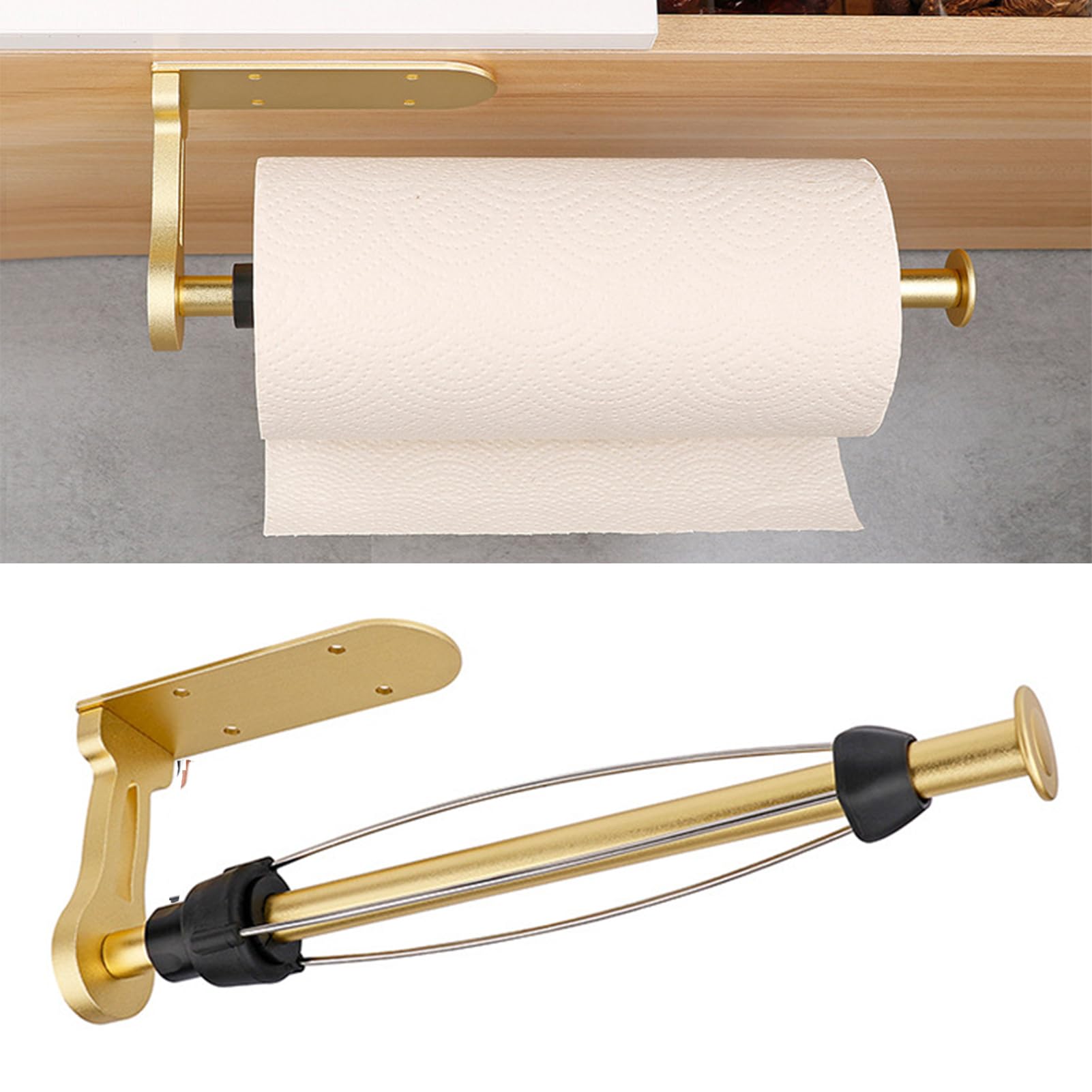 Pasdrucn Kitchen Roll Holder Under Cabinet, One-handed Tearing Paper Towel Holder with Damping System, Stainless Steel Kitchen Towel Holders, Stainless Steel Kitchen Roll Holder (Gold)
