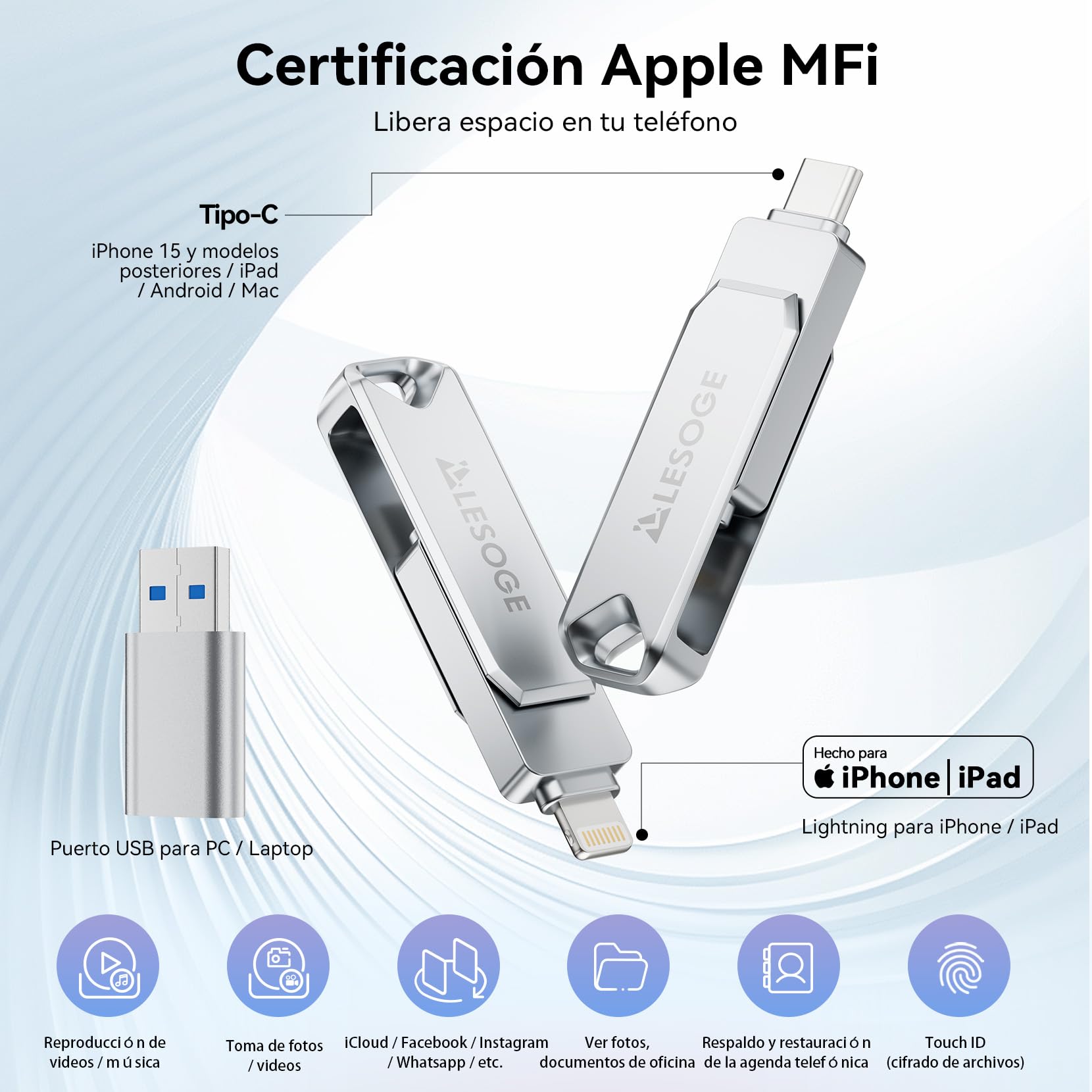 MFi – Memoria USB C 256GB para iPhone y Android, Memoria Externa iPhone 3 en 1, Memoria USB 3.0, pendrive USB-C para Fotos y vídeos (Plata)