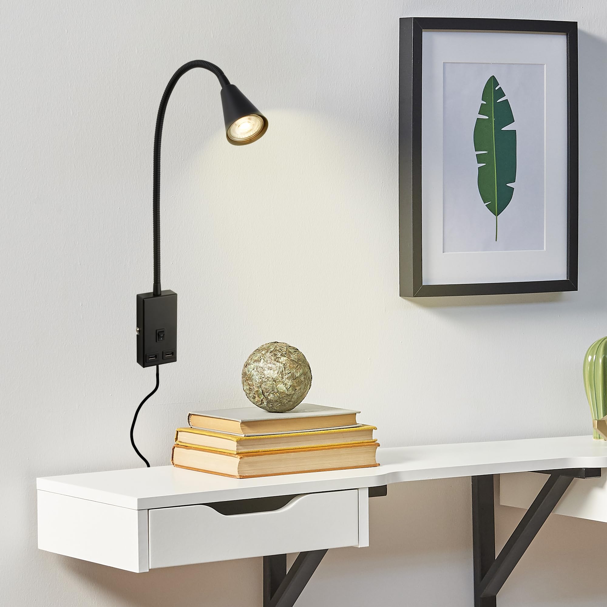 Briloner - Lámpara de lectura con puerto USB, interruptor on/off, giratorio, enchufe, aplique de interior, lámpara de pared, lámpara de cama, 50 cm de altura, negro