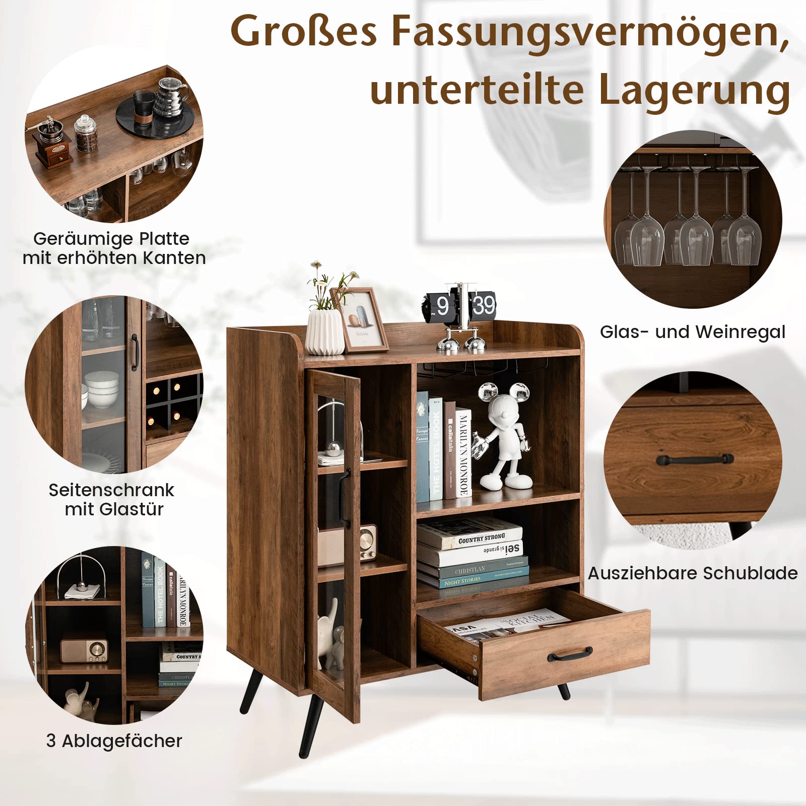 COSTWAY Küchenschrank, mit Weinregal und integrierten Glashaltern, Buffetschrank Holz, Sideboard mit Schublade & Glastür, Vintage, 80 x 40 x 95 cm