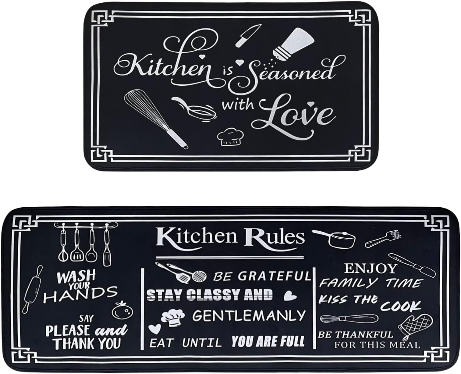 Voanos Black and White Kitchen Rugs,Non Skid Washable Microfiber mats for Kitchen Floor,Kitchen Rules Theme Cushioned Runner Rug Decor Sets of 2,Size 17"x 47"+17"x 30"