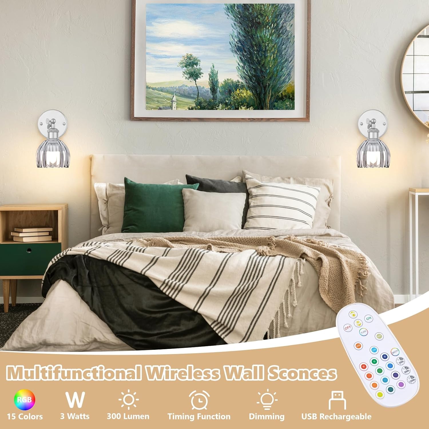 Vintage Battery Operated Wall Sconce, Smoky Gray Tulip Glass Lampshade Wireless Rechargeable Battery Powered LED Wall Light with Remote Dimmable for Bedside Bedroom Living Room, Silver, Set of 2 image 4